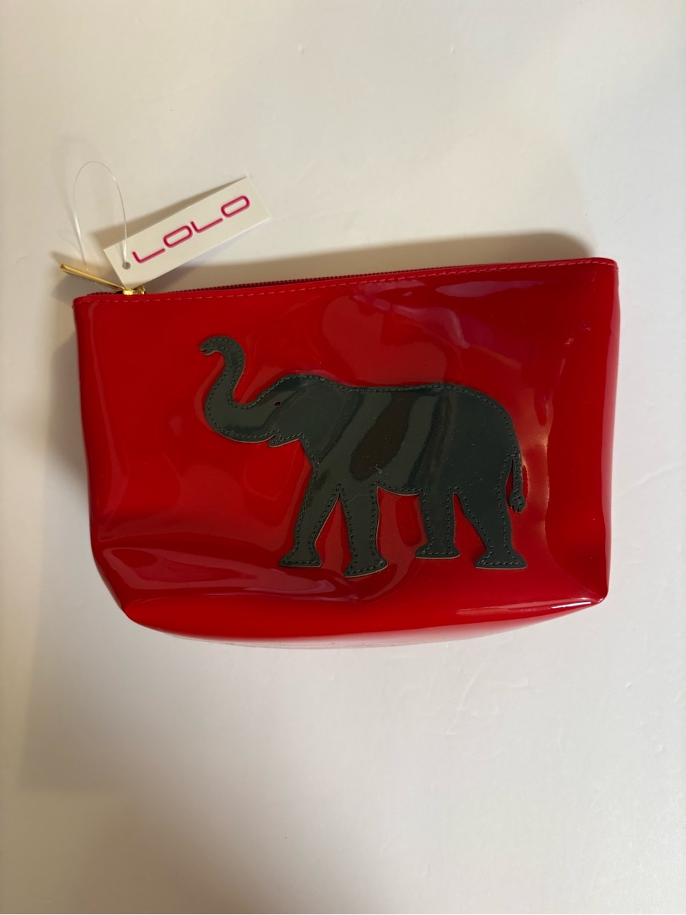 LOLO Red Patent Cosmetic Bag with grey Elephant Accent